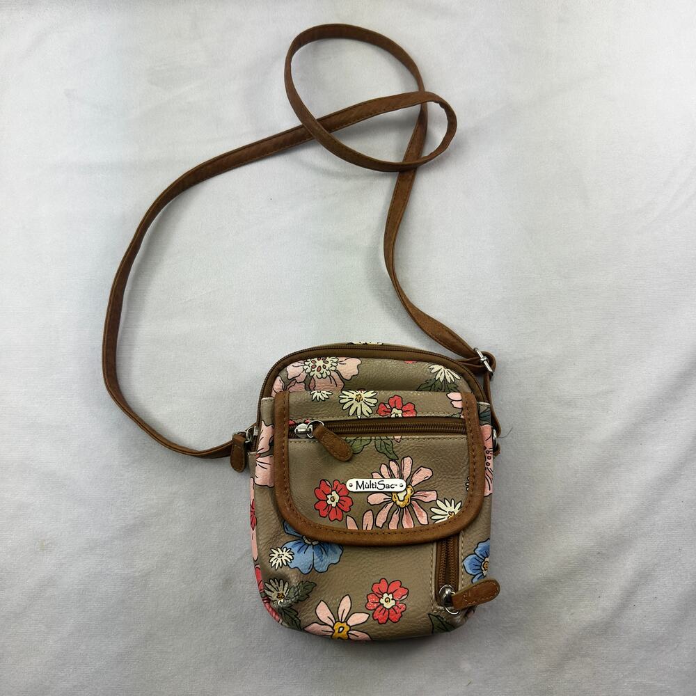 MultiSac Floral Off The Shoulder Purse Adjustable Crossbody Brown Small